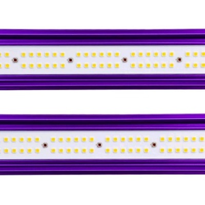 Duas barras LED lineares com estrutura roxa e LEDs amarelos