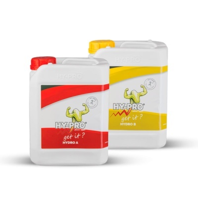 Dois contentores de plástico branco com tampas coloridas e etiquetas HY-PRO