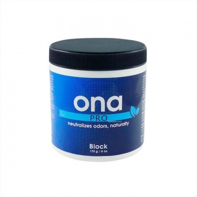 Frasco de produto ona PRO Block com rótulo azul e tampa preta