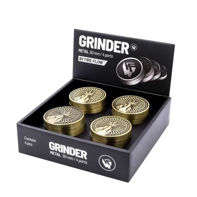 Conjunto de 4 grinders metálicos dourados em caixa preta