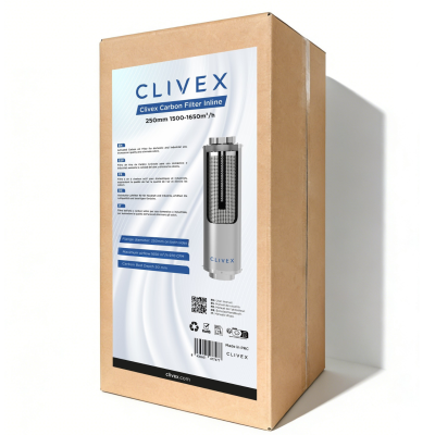 Caixa de papelão com etiqueta que descreve filtro de carbono Clivex