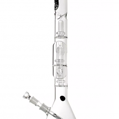 Cachimbo de água de vidro transparente com múltiplos compartimentos, em fundo branco