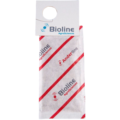 Embalagem branca com padrões e texto Bioline AgroSciences e Anderline