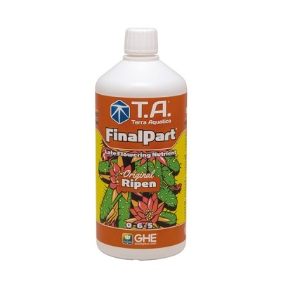 Frasco branco de fertilizante líquido T.A. Terra Aquatica Final Part Original Ripen com rótulo colorido