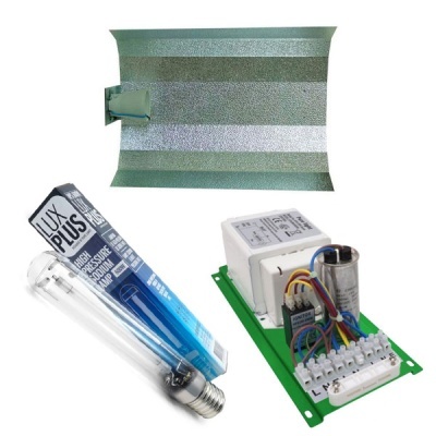 Componentes para sistema de iluminação, refletor, lâmpada LUX PLUS HPS, e placa eletrónica com fios coloridos