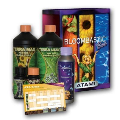 Conjunto de fertilizantes BloomBastic Box Atami com três garrafas e calendário
