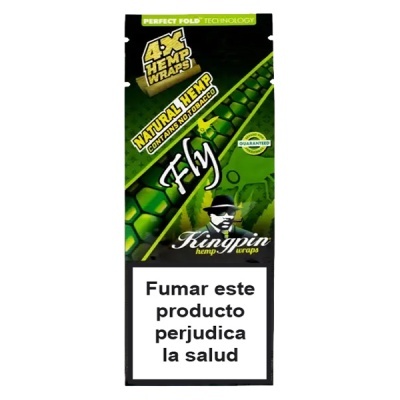 Embalagem de papel para enrolar Kingpin verde e preta com texto e advertência em espanhol
