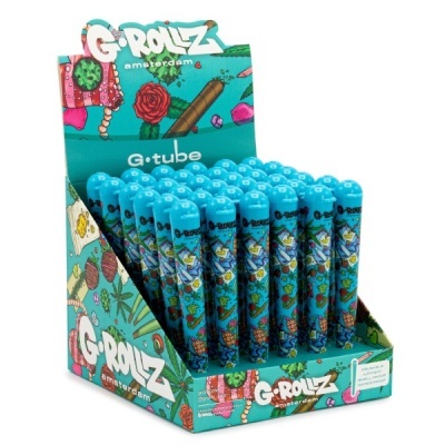 Expositor com tubos plásticos azuis G-Rollz Amsterdam decorados e alinhados