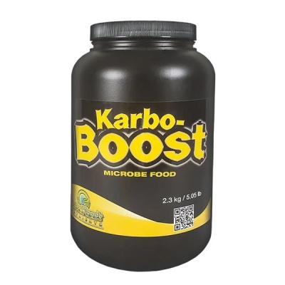 Frasco preto com rótulo Karbo-Boost Microbe Food