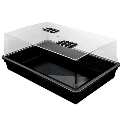 Estufa de plástico preta com tampa transparente e aberturas ajustáveis