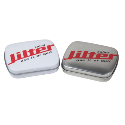 Duas caixas metálicas com texto Jilter Enjoy use it or quit