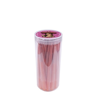 Embalagem cilíndrica transparente com charutos de cor rosa e tampa rosa com imagem e texto