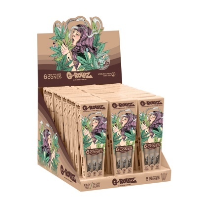 Expositor G-ROLLZ com papelotes pré-enrolados castanhos ilustrados
