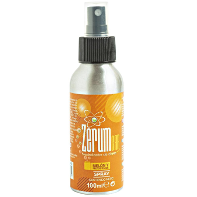 Frasco metálico de spray neutralizador de odores com rótulo laranja