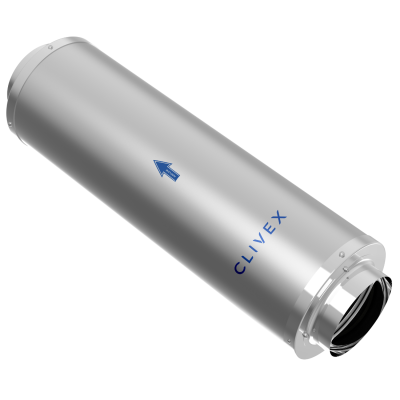 Tubo metálico cilíndrico prateado com texto CLIVEX e setas airflow azuis
