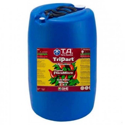 Bidão azul com etiqueta colorida do produto Terra Aquatica TriPart FloraMicro