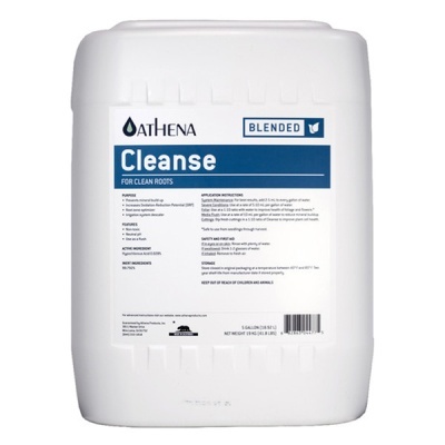 Recipiente branco de 5 galões com rótulo azul e branco do produto Cleanse ATHENA
