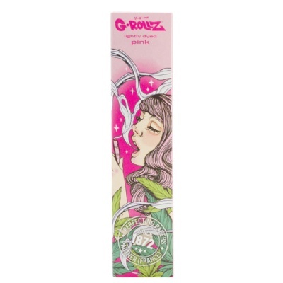 Embalagem rosa com mulher a soprar fumo e texto G-ROLLZ