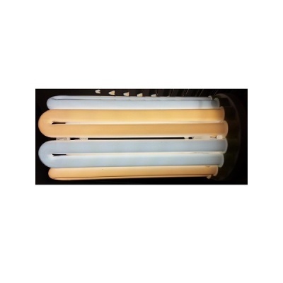 Lâmpada fluorescente tubular laranja e branca numa base preta