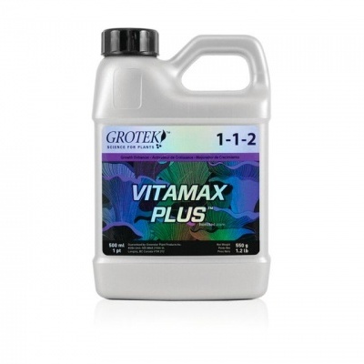 Frasco plástico branco com rótulo colorido VITAMAX PLUS