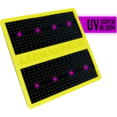 Painel LED quadrado amarelo e preto com luzes UV e texto LEDMAXPRO+ e UV SUPER BLOOM