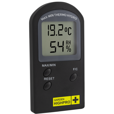 Termómetro digital preto com ecrã LCD, botões e etiqueta amarela.