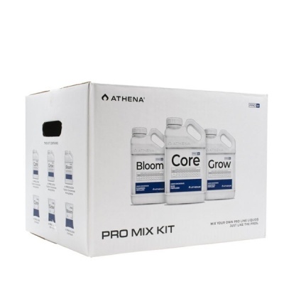 Caixa branca ATHENA PRO MIX KIT com três frascos rotulados Bloom, Core e Grow