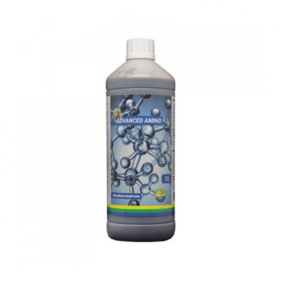Frasco de 1 litro de Advanced Amino com rótulo azul e moléculas