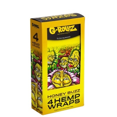 Embalagem amarela G-ROLLZ 4 Hemp Wraps com ilustração colorida e texto