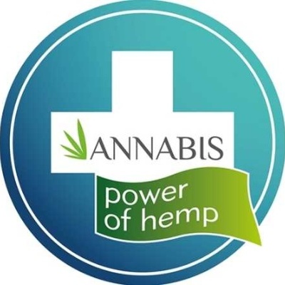 Logótipo ANNABIS power of hemp em fundo azul com cruz branca e faixa verde