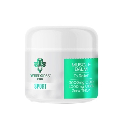 Frasco de bálsamo muscular WEEDNESS CBD SPORT branco com rótulo verde