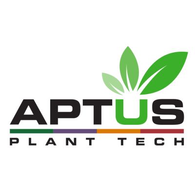 Logótipo APTUS PLANT TECH com folhas verdes e linha colorida