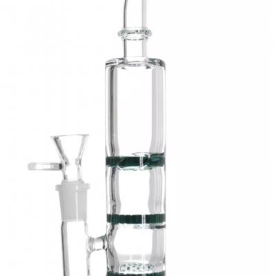 Bong de vidro transparente com detalhes verdes e base redonda.