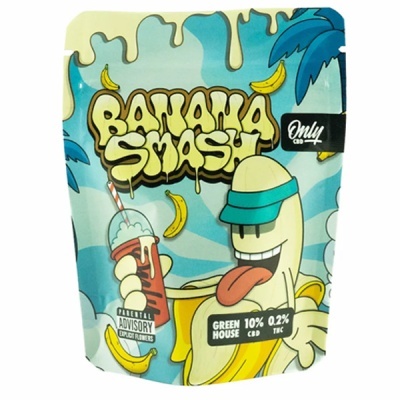Embalagem colorida com ilustração de banana e texto Banana Smash e informações CBD THC