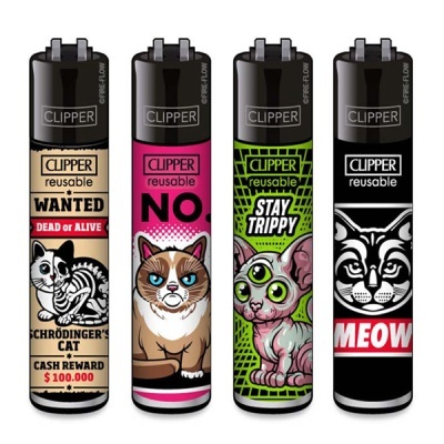 Quatro isqueiros coloridos CLIPPER com desenhos de gatos e textos