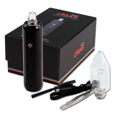 Vaporizador portátil preto com acessórios e embalagem preta com texto CIGAR