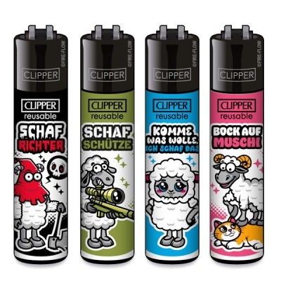 Quatro isqueiros Clipper reutilizáveis com desenhos coloridos de ovelhas e texto em alemão.