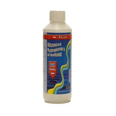 Frasco de produto para hidroponia com rótulo azul e texto PH Down