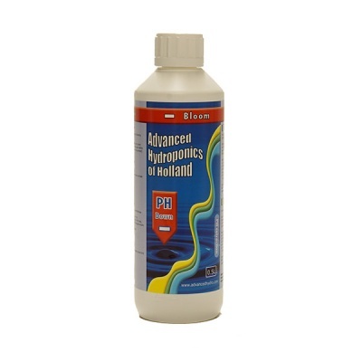 Frasco branco de 0,5 litros com rótulo azul e texto PH Down Advanced Hydroponics Of Holland