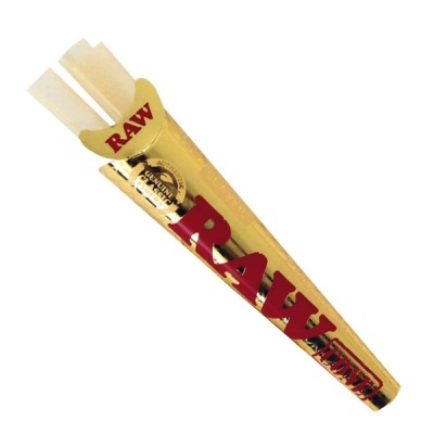 Cone para tabaco RAW dourado com letras vermelhas e folhas de papel