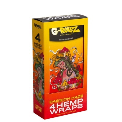 Embalagem de 4 wraps de cânhamo G-Rollz Passion Haze com ilustração colorida