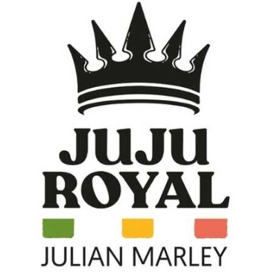 Logotipo JUJU ROYAL com coroa preta e quadrados verdes, amarelos e vermelhos
