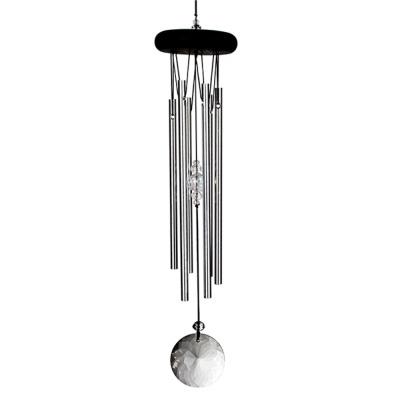 Cata-vento metálico prateado com pendente transparente e painel superior preto