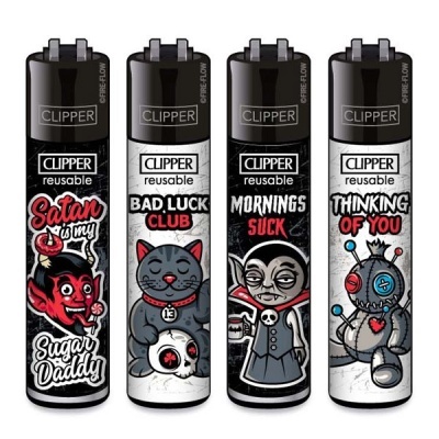 Quatro isqueiros Clipper reutilizáveis com desenhos e textos em inglês