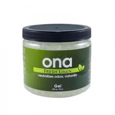Frasco de gel ONA Fresh Linen com tampa preta e rótulo verde