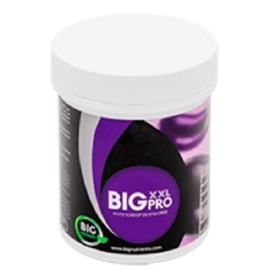 Frasco branco com rótulo preto e roxo do produto BIG XXL PRO