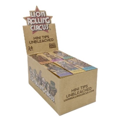 Caixa de filtros Lion Rolling Circus em cartão bege com texto e ilustrações coloridas