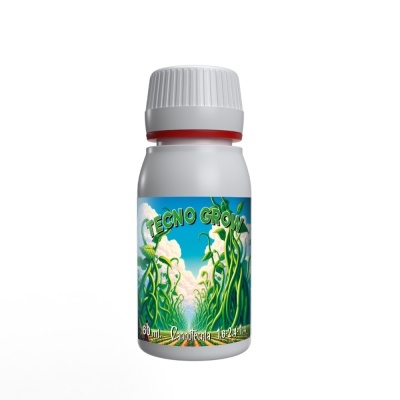 Frasco de produto Tecno Grow com ilustração de plantas verdes e texto no rótulo.