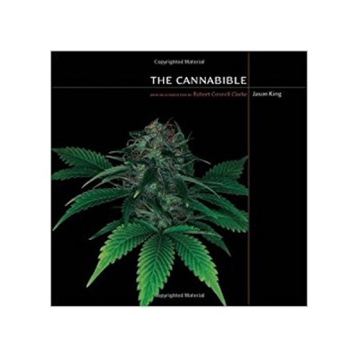 Capa de livro preta com planta verde e texto THE CANNABIBLE.