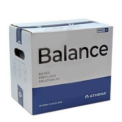 Caixa de fertilizante Balance branco e azul com texto e logótipo Athena.